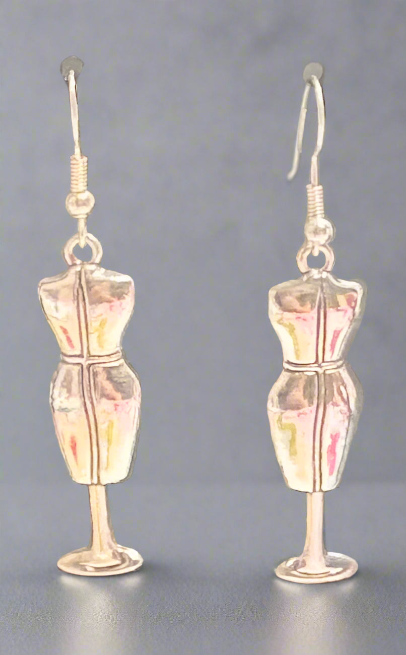 Earrings - Silvertone Miniature Dressmaker's Mannequin