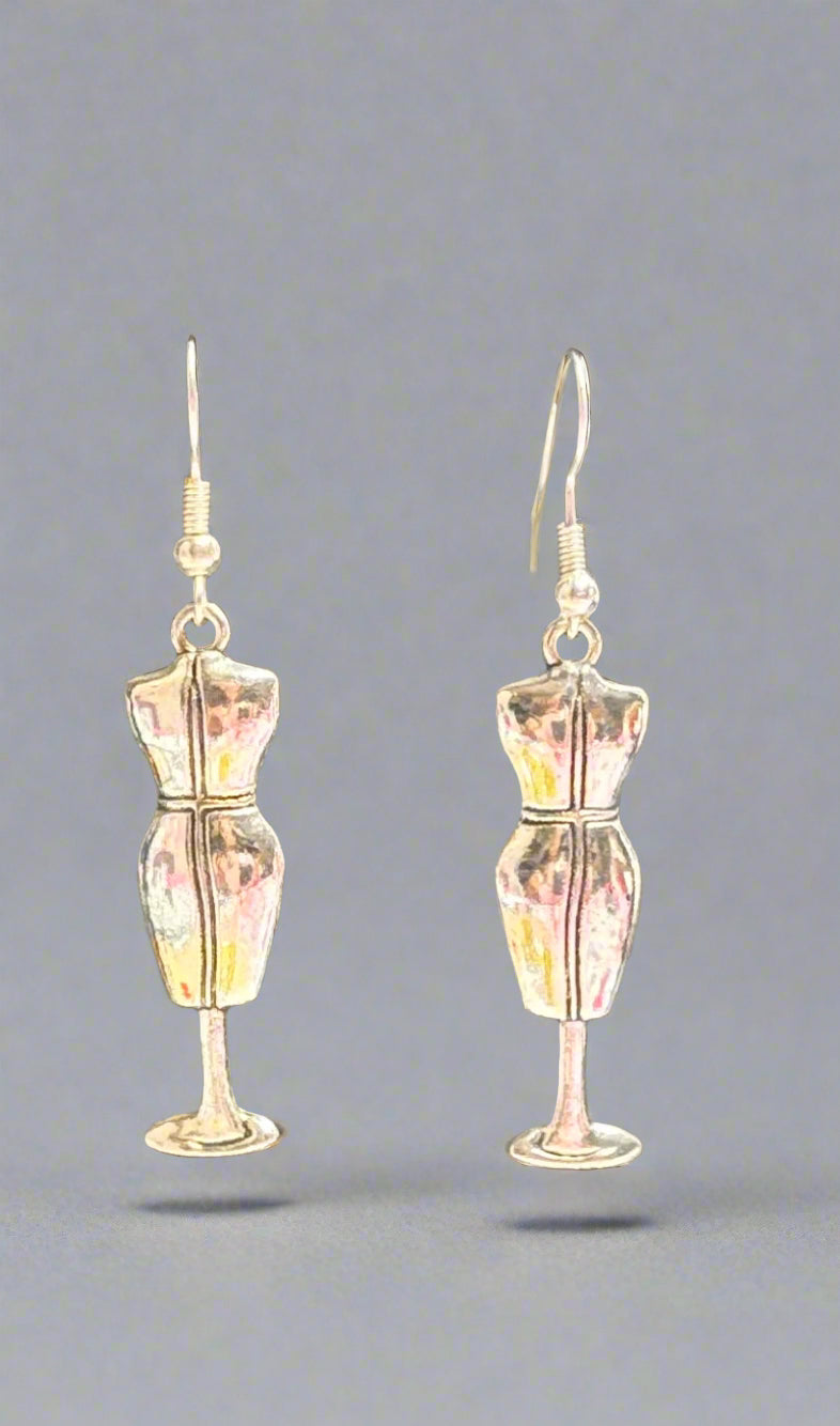 Earrings - Silvertone Miniature Dressmaker's Mannequin