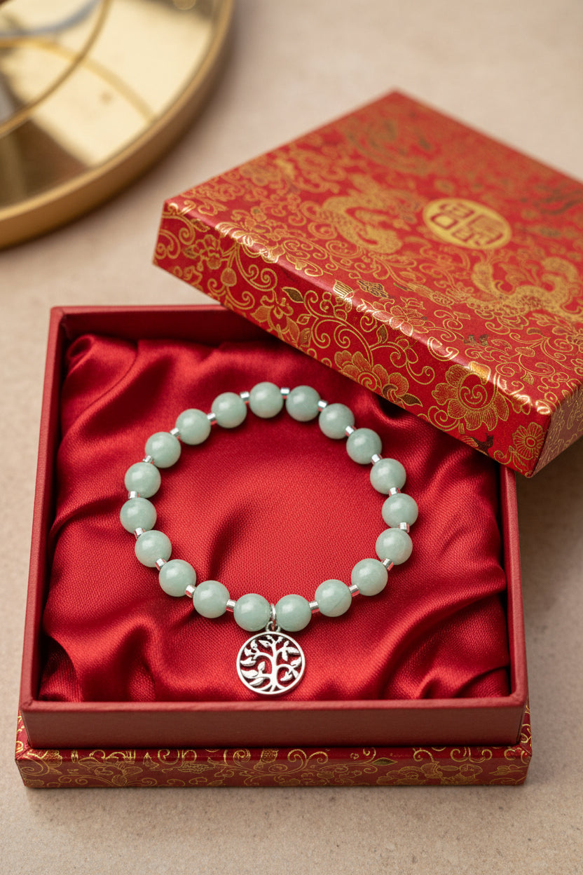 Bracelet - Stretch - Green Aventurine Beads - Silver Tone - Tree of Life Charm