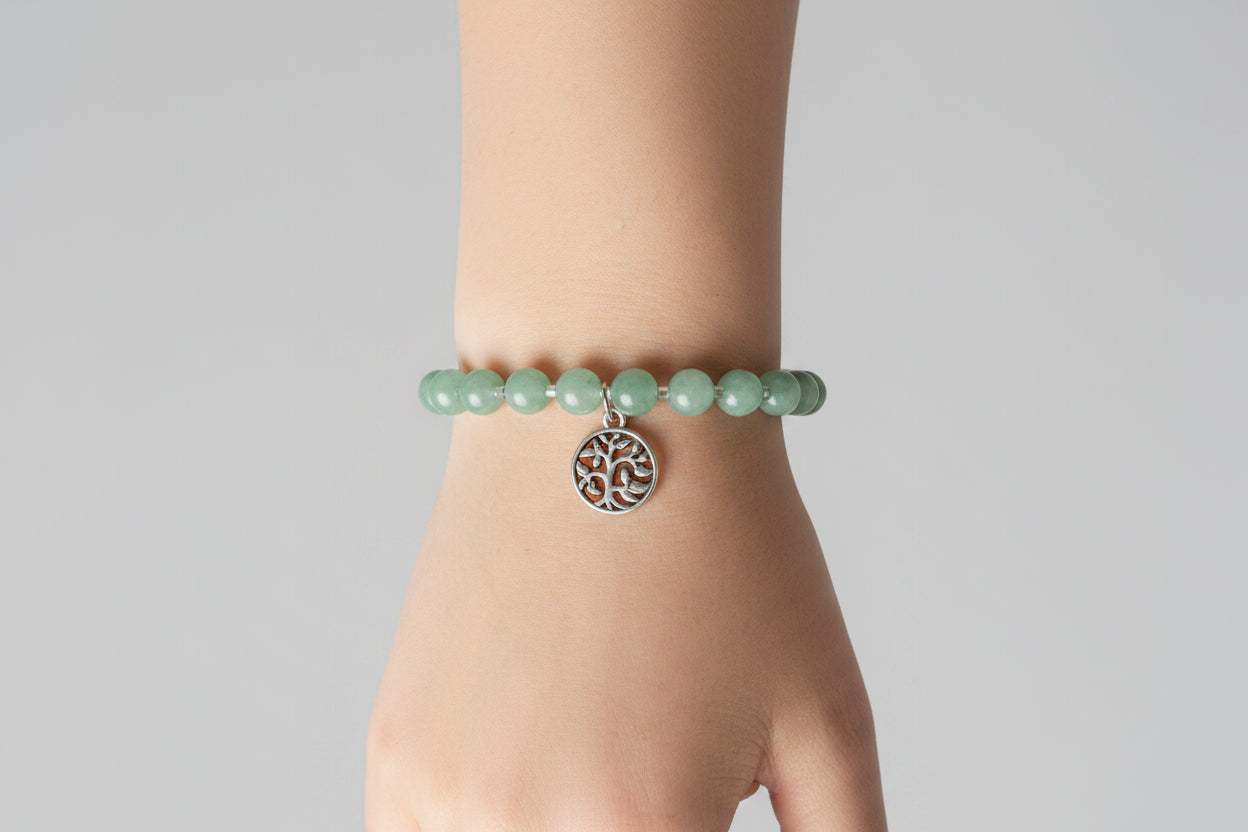 Bracelet - Stretch - Green Aventurine Beads - Silver Tone - Tree of Life Charm