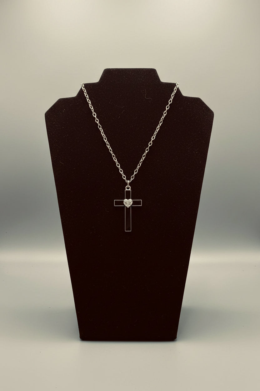 Necklace - Gothic - Polished Silver - Black Enamel Crucifix - with Rhinestone Shaped Heart