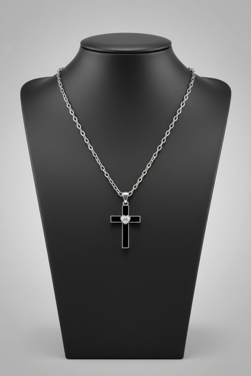 Necklace - Gothic - Polished Silver - Black Enamel Crucifix - with Rhinestone Shaped Heart