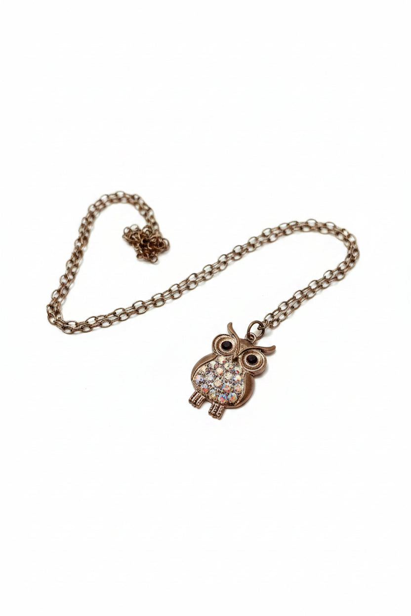 Necklace - Rhinestone - Owl Pendant - Bronze Tone