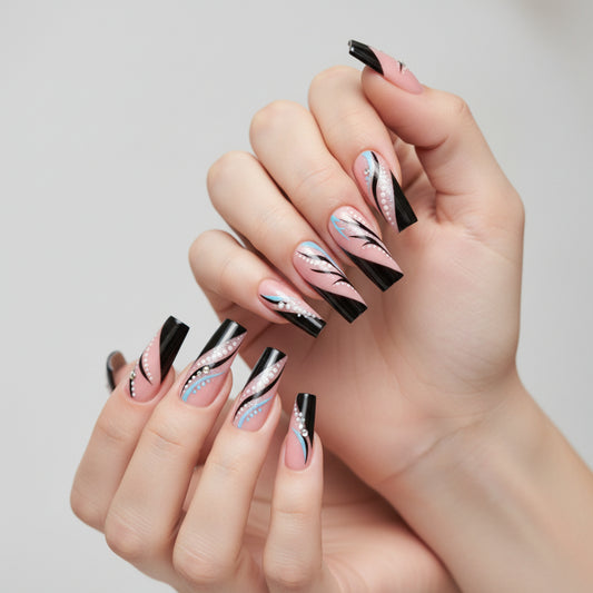 Press on Nails - Black French Tip - FREE Mystery Hair Scrunchie included