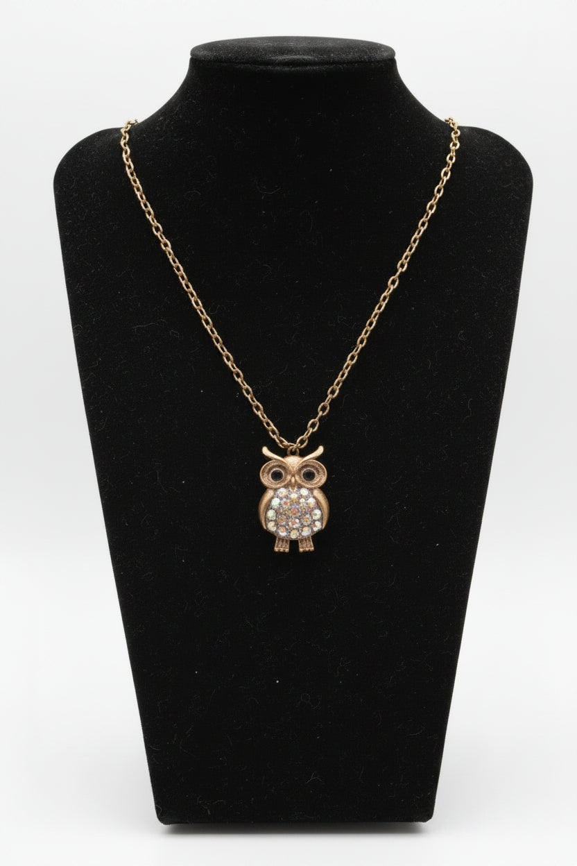 Necklace - Rhinestone - Owl Pendant - Bronze Tone