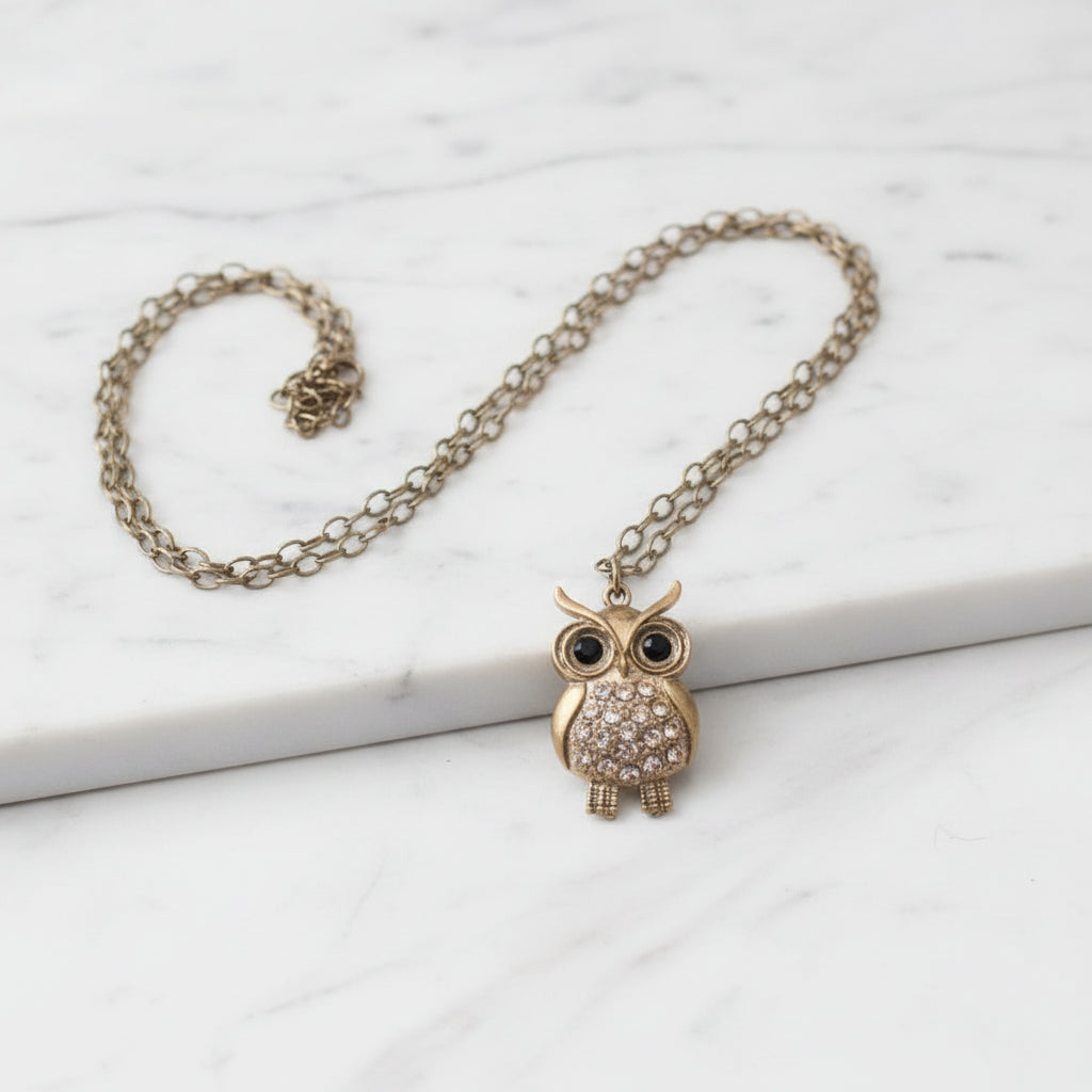 Necklace - Rhinestone - Owl Pendant - Bronze Tone