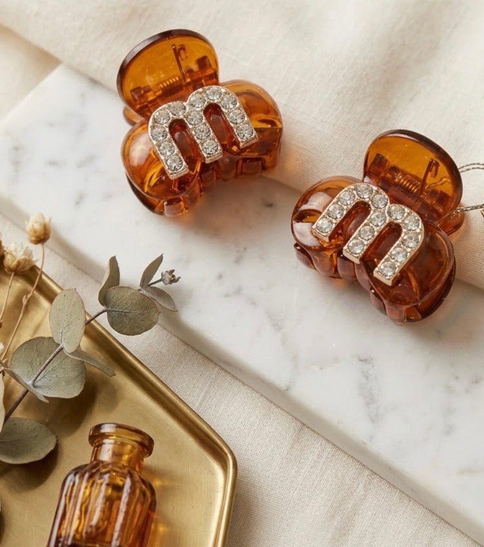 Hair Claw -  Choose Brown or Black with a Rhinestone "m" - Set of Two