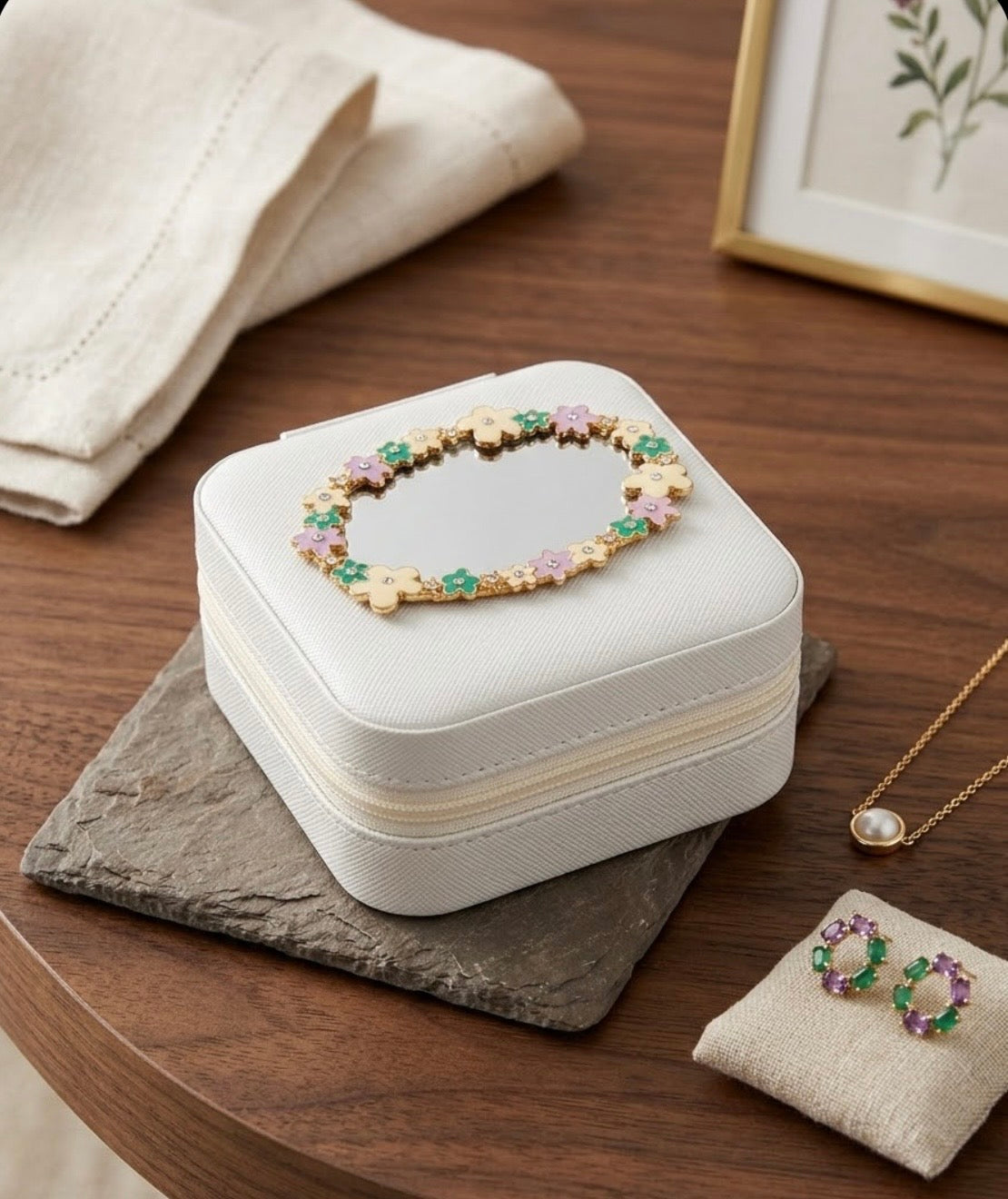Travel Jewelry Box - Colorful Flowers with Mirror on Cover