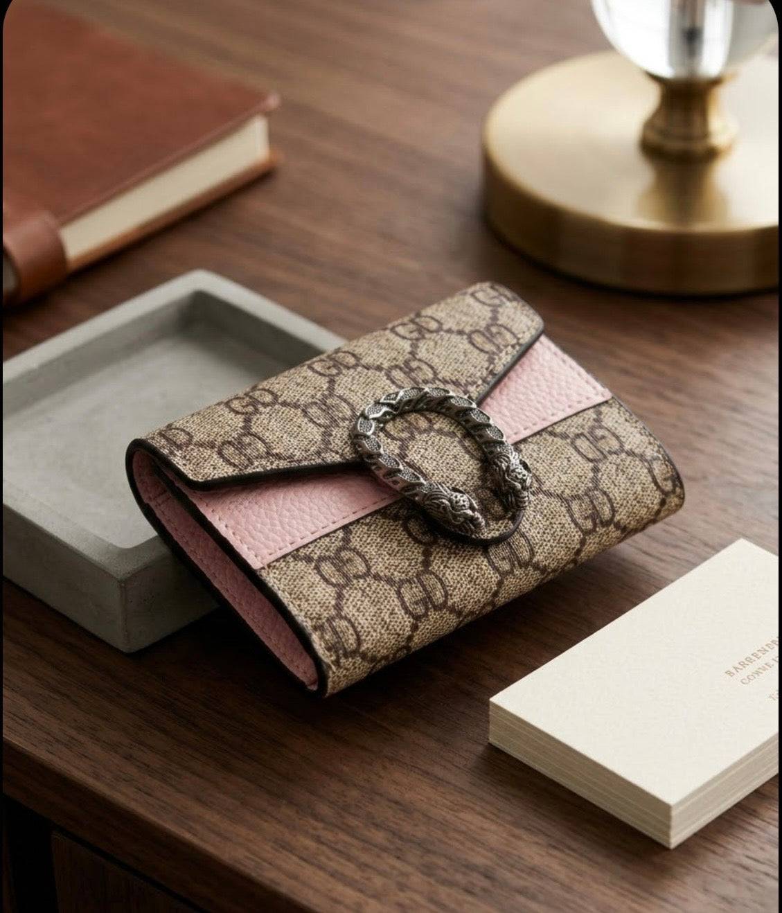 Wallet - Chic GD Monogram with Pink Leather Detail and Tiger Head Buckle