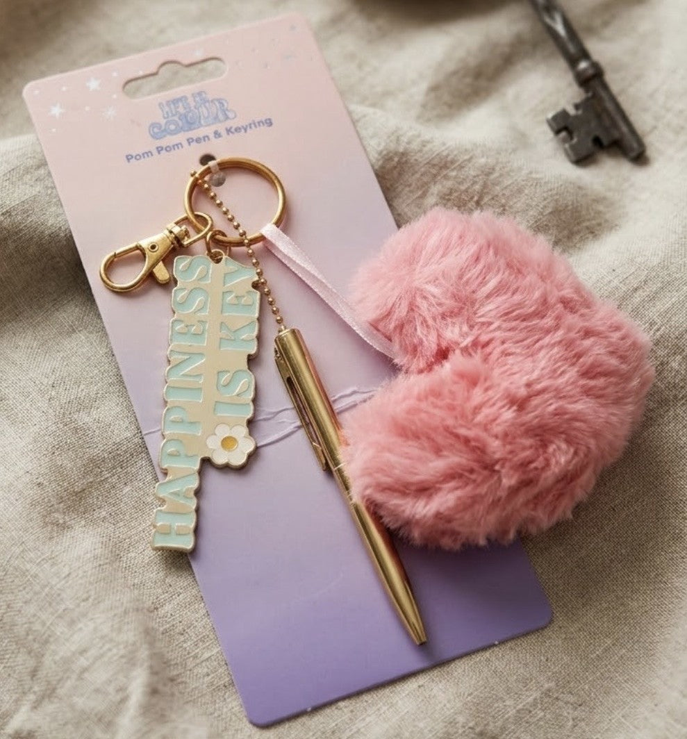 Key Ring - Pink Heart Pom Pom and Pen