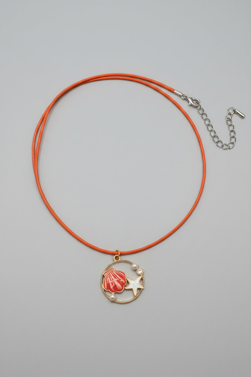 Necklace - Coastal Charm with Coral Shell & White Starfish on a - Vibrant Orange Cord