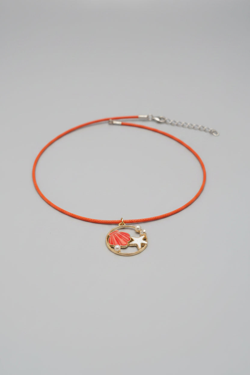 Necklace - Coastal Charm with Coral Shell & White Starfish on a - Vibrant Orange Cord