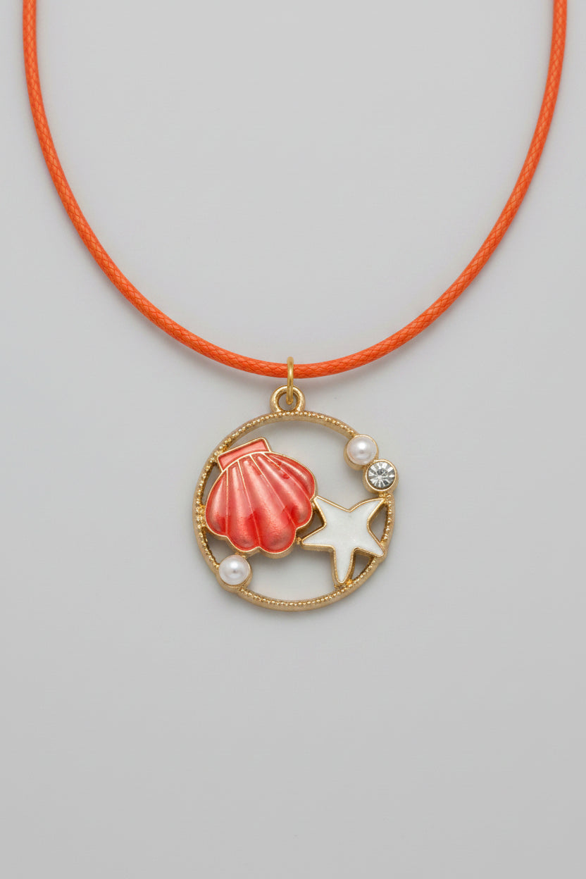 Necklace - Coastal Charm with Coral Shell & White Starfish on a - Vibrant Orange Cord