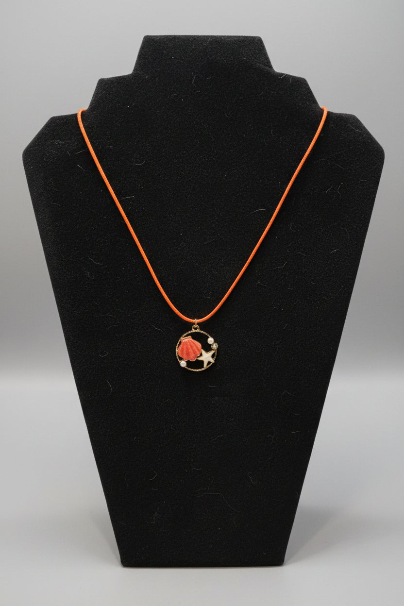 Necklace - Coastal Charm with Coral Shell & White Starfish on a - Vibrant Orange Cord