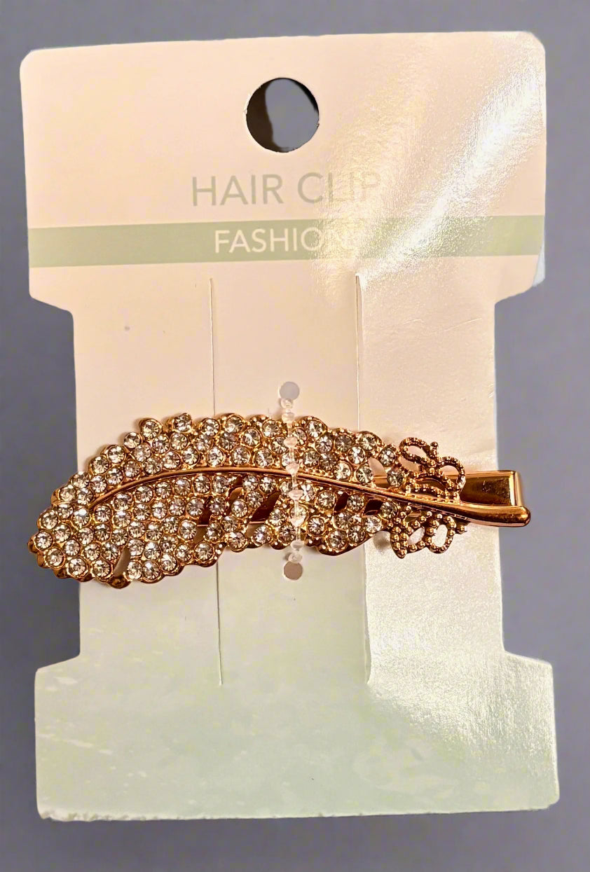 Hair Claw - Gold Tone Leaf with Decorative Rhinestones