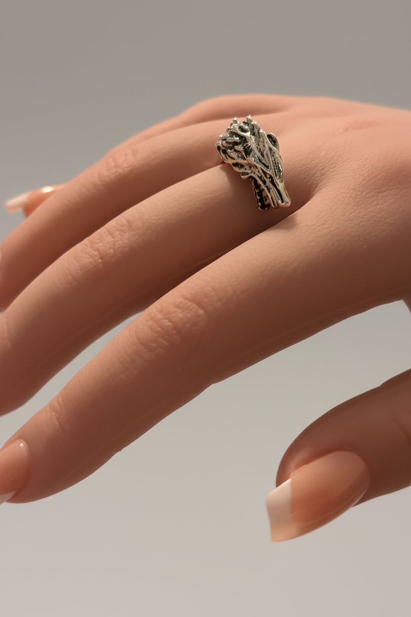 Ring - Silver Tone - Alloy - Open End - Dragon Head - Size 9