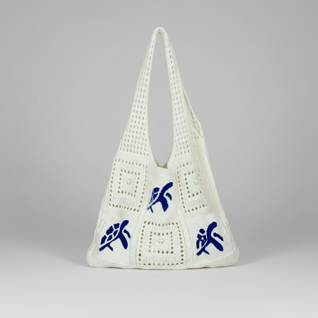 Tote Bag - Handcrafted Crochet - with Blue Sea Turtles