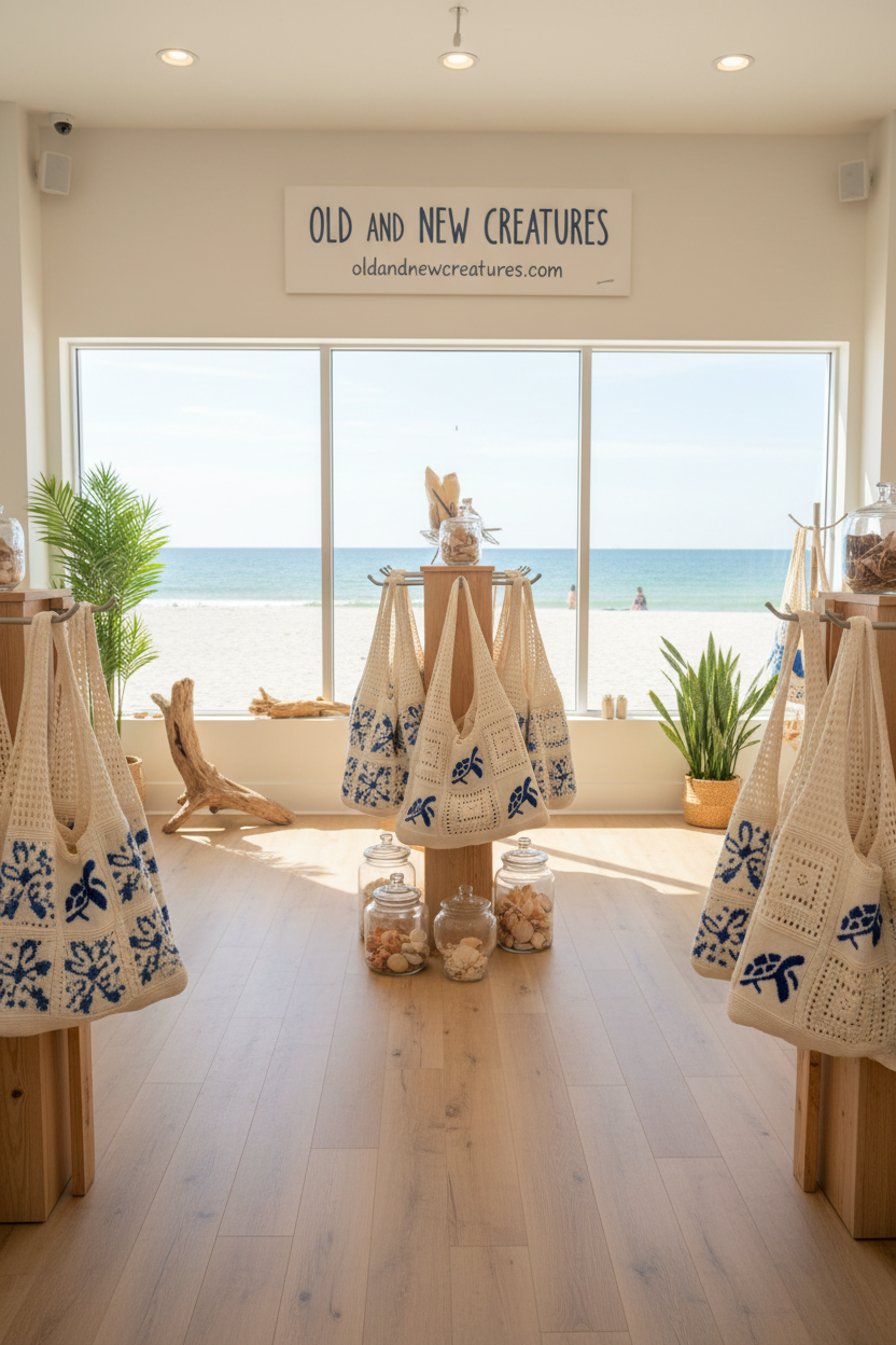 Tote Bag - Handcrafted Crochet - with Blue Sea Turtles