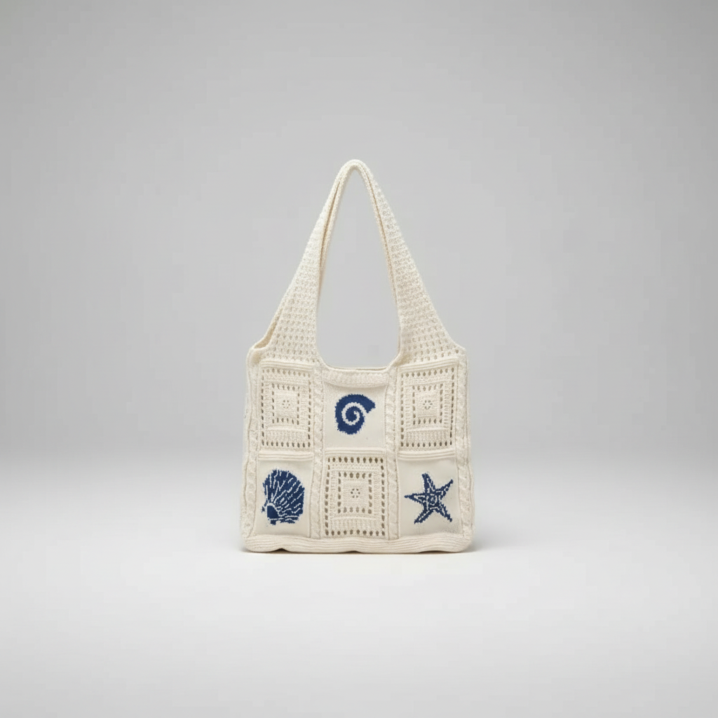 Tote Bag - Handcrafted Crochet - Blue Seashells & Starfish