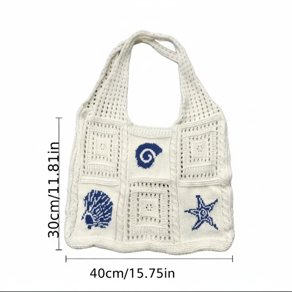 Tote Bag - Handcrafted Crochet - Blue Seashells & Starfish