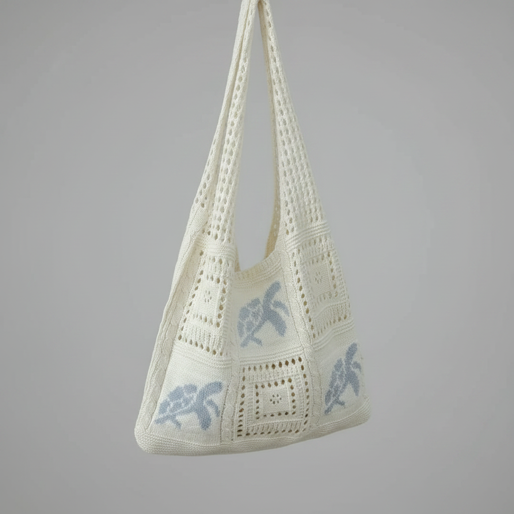 Tote Bag - Handcrafted Crochet - with Light Blue Sea Turtles
