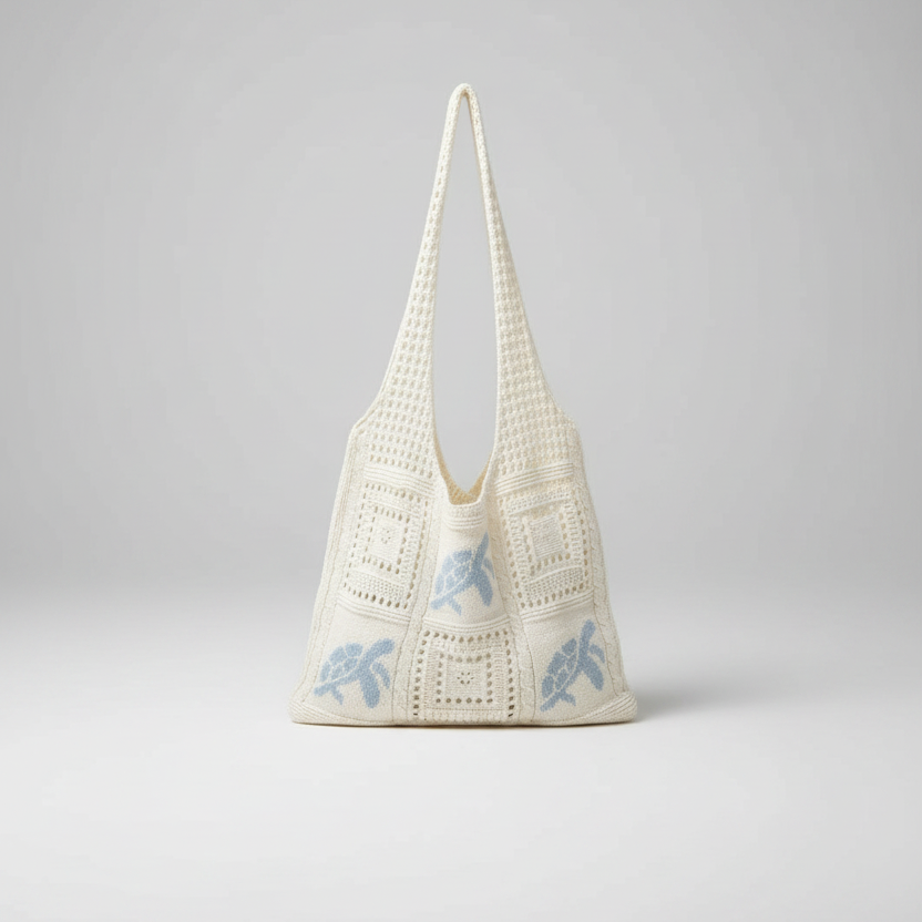 Tote Bag - Handcrafted Crochet - with Light Blue Sea Turtles