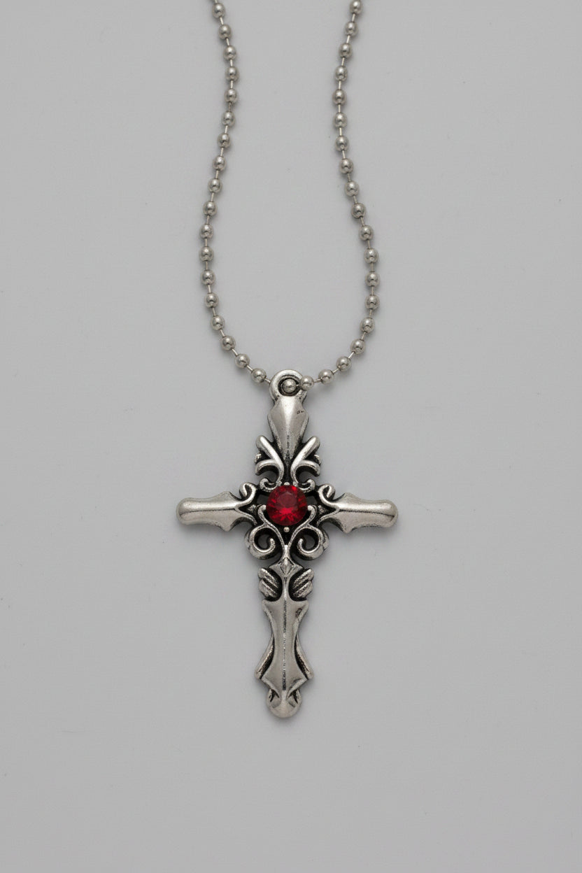 Necklace - Gothic Silver Tone Cross with Red Crystal Centerpiece