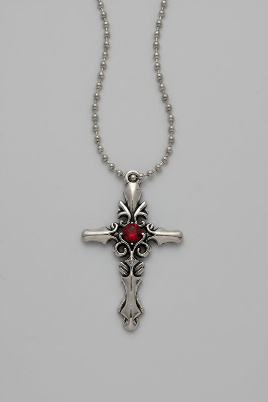 Necklace - Gothic Silver Tone Cross with Red Crystal Centerpiece