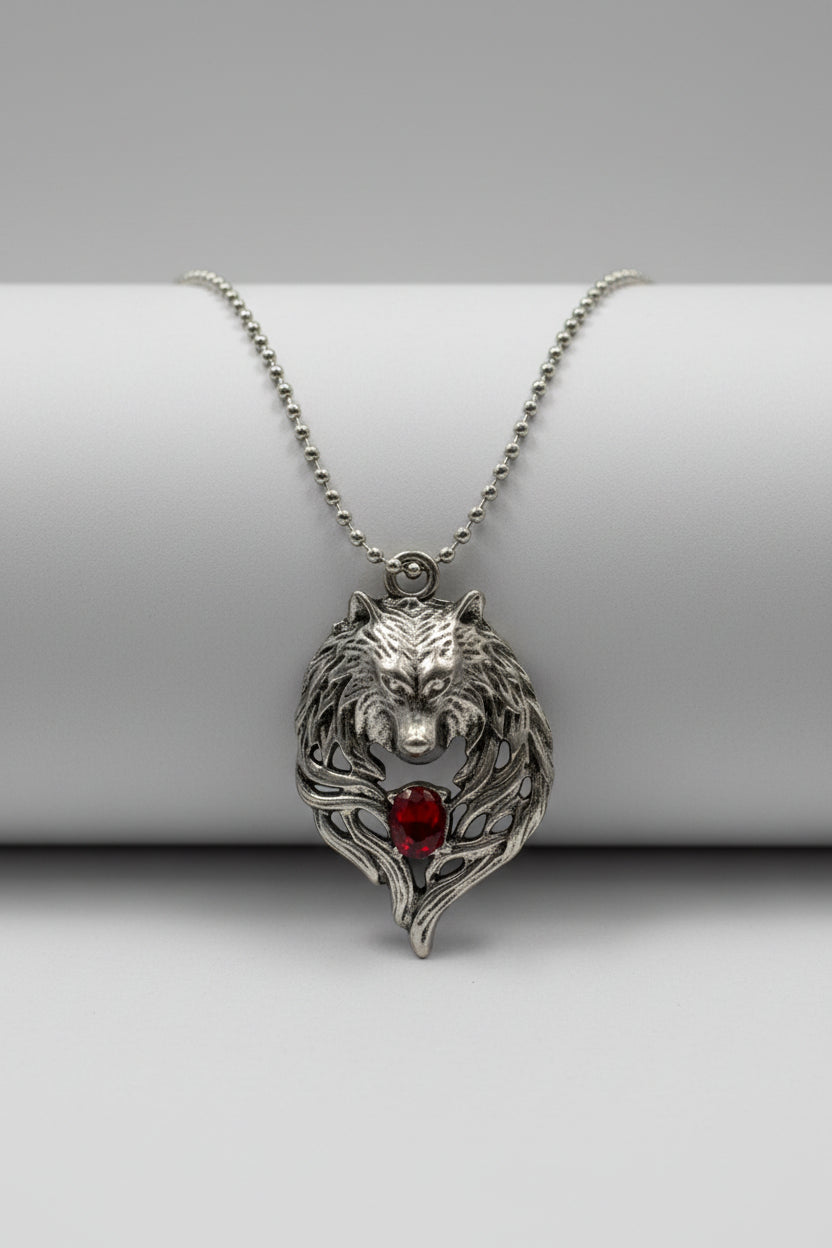 Necklace - Fenrir Viking Wolf Head - Stainless Steel Chain with Red Gem Medallion