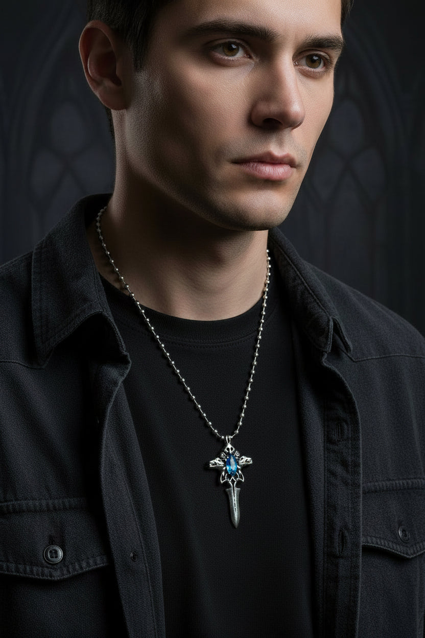 Necklace - Gothic Dragon Sword Pendant with Faux Sapphire