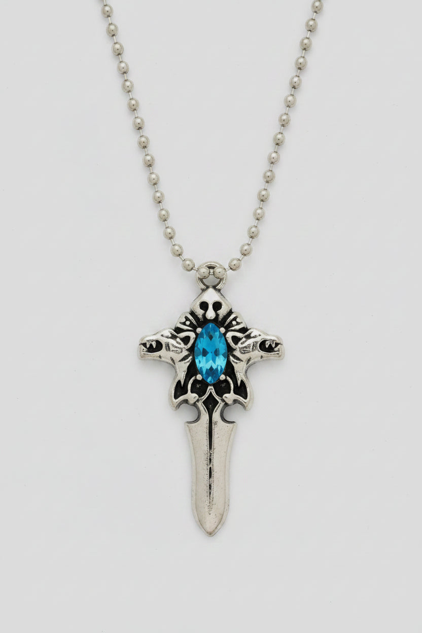 Necklace - Gothic Dragon Sword Pendant with Faux Sapphire
