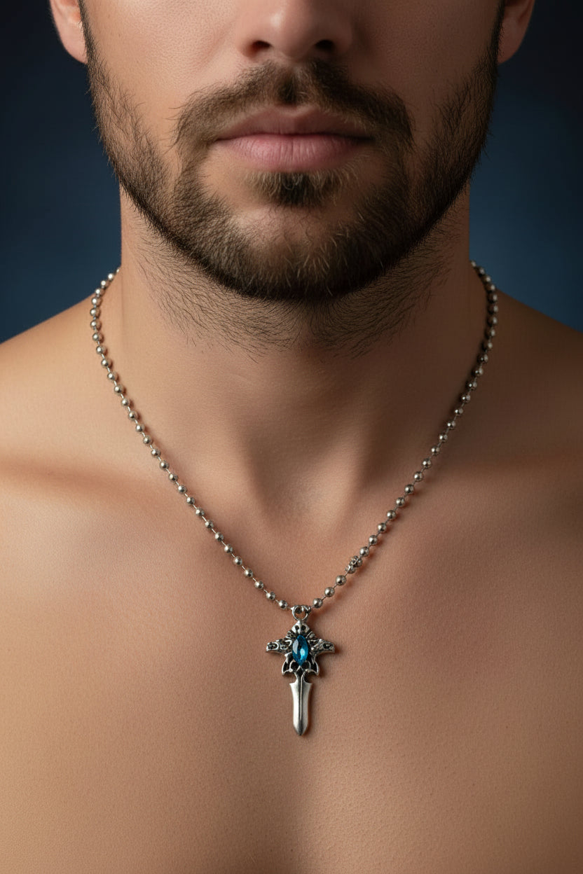 Necklace - Gothic Dragon Sword Pendant with Faux Sapphire
