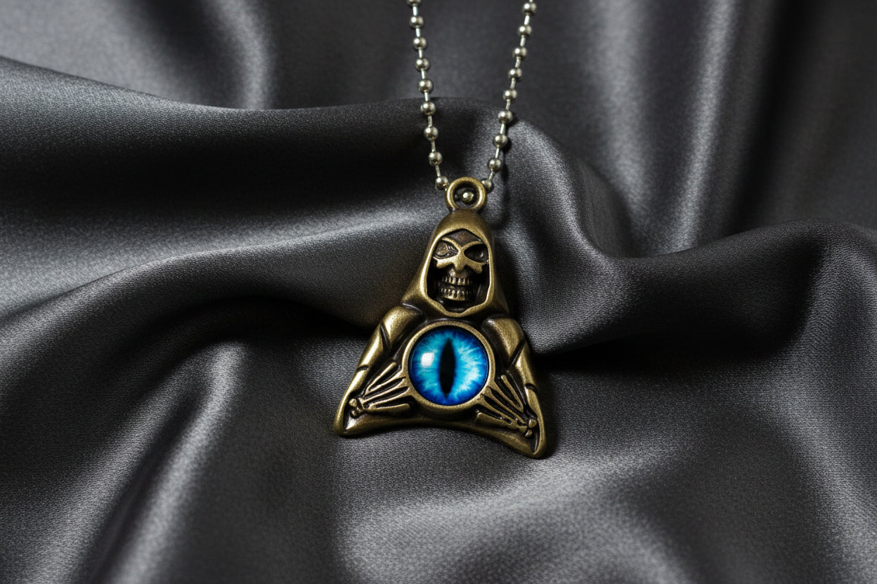 Stainless Steel Grim Reaper Skull Necklace with Blue Evil Eye Pendant