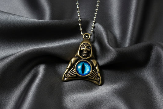 Stainless Steel Grim Reaper Skull Necklace with Blue Evil Eye Pendant