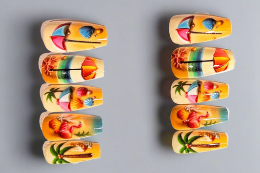 Press on Nails - Flamingo Beach - FREE Mystery Hair Scrunchie included