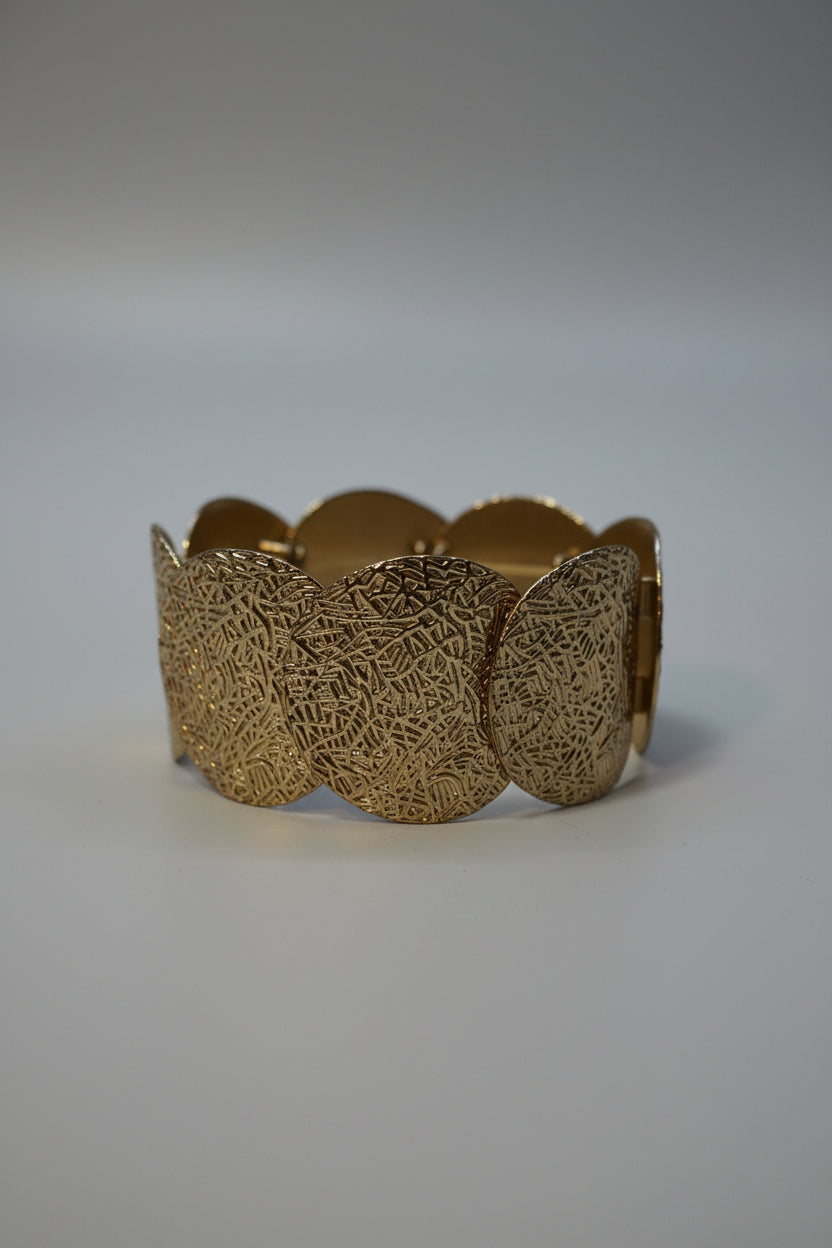 Bracelet - Gold Tone - Stretch - Textured Disc - Circular Medallions