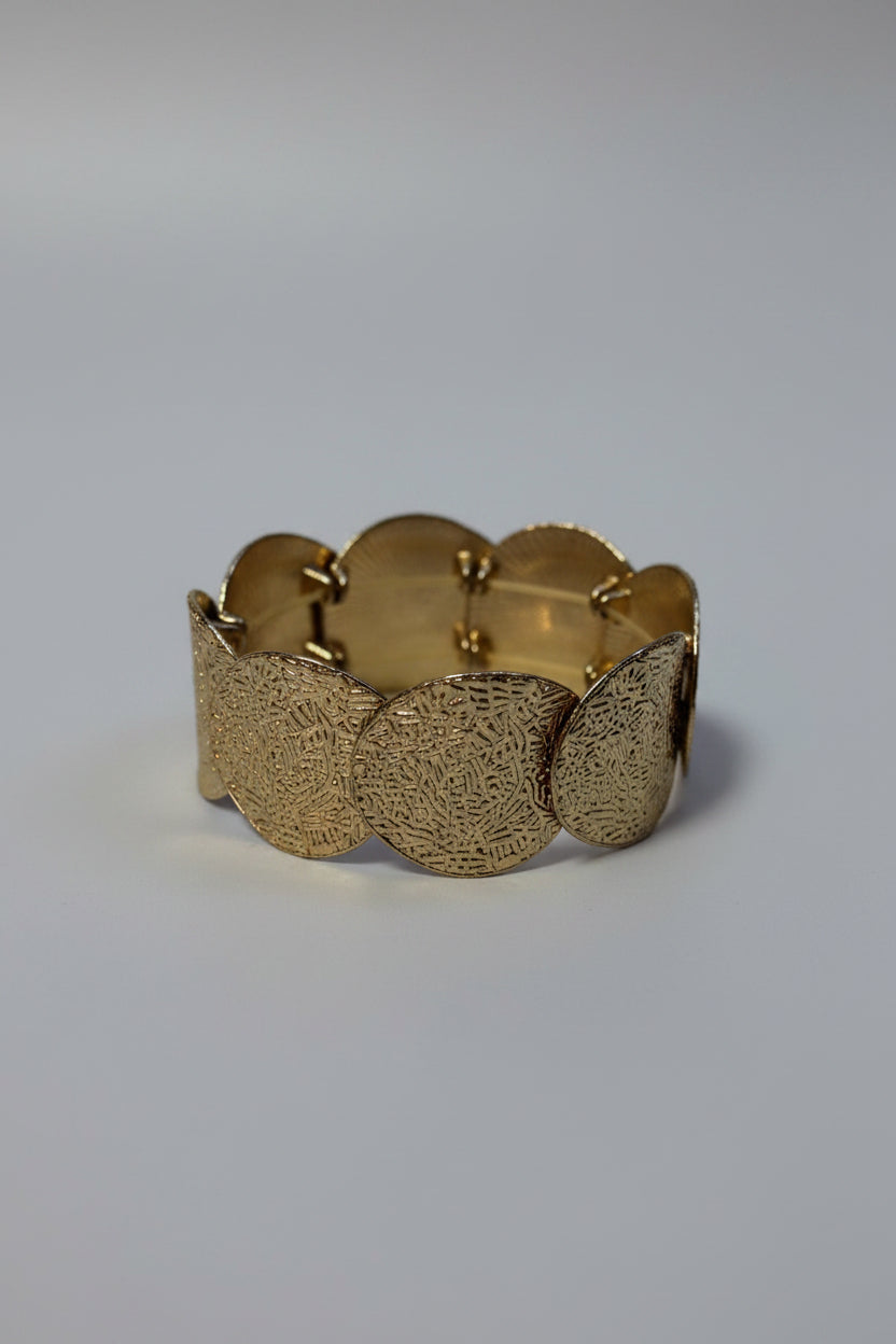 Bracelet - Gold Tone - Stretch - Textured Disc - Circular Medallions