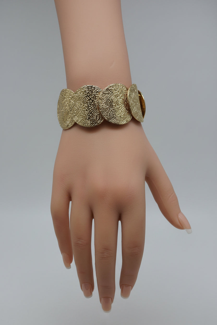 Bracelet - Gold Tone - Stretch - Textured Disc - Circular Medallions