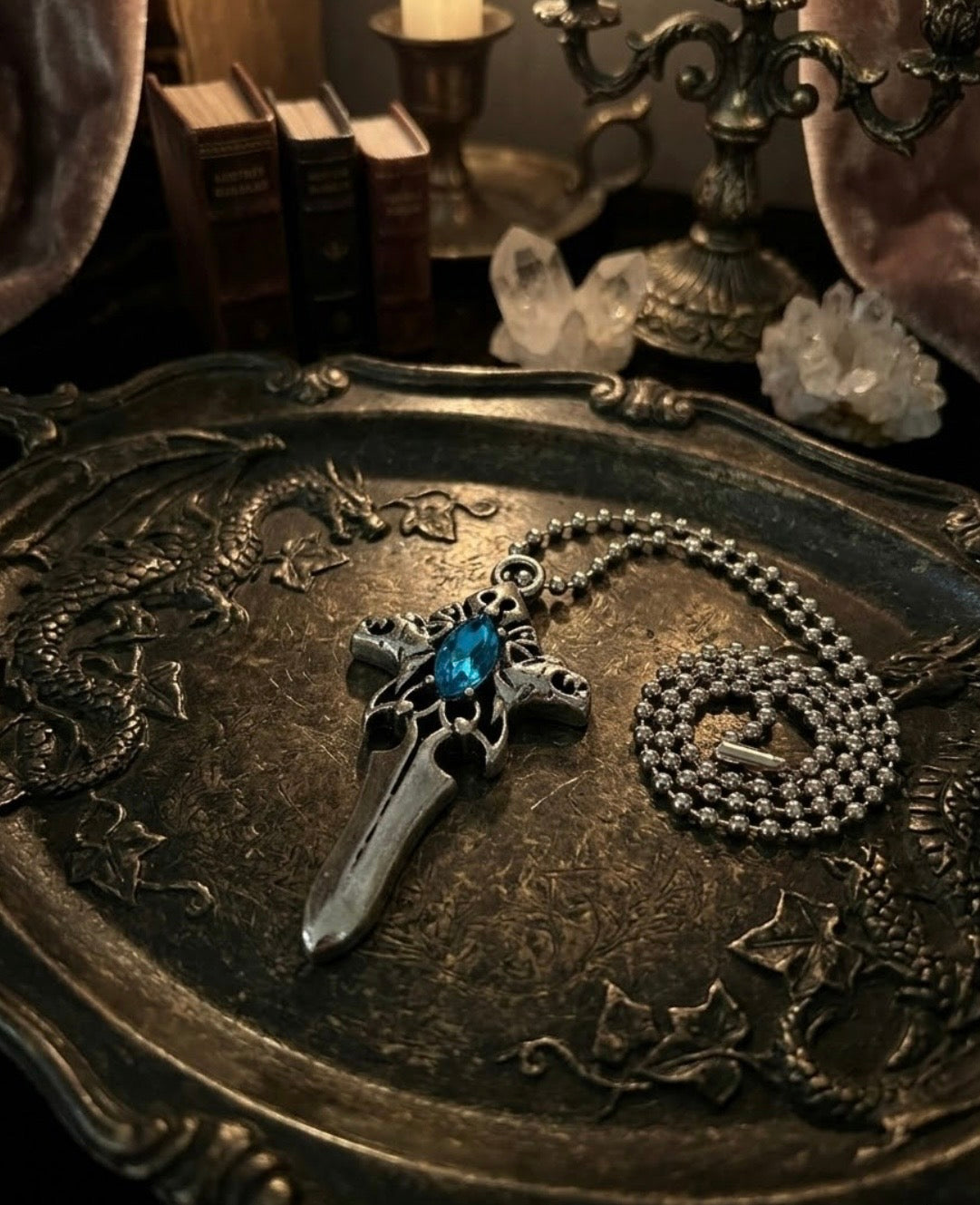 Necklace - Gothic Dragon Sword Pendant with Faux Sapphire