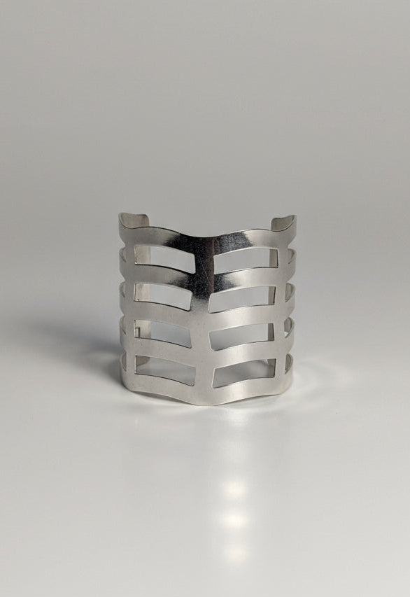 Bracelet - Silver Tone - Cuff - Geometric Cutout Open Work - Cage Style