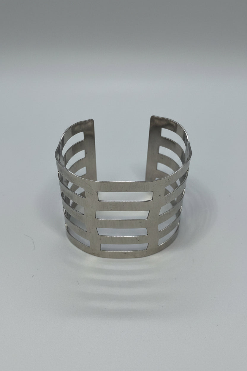 Bracelet - Silver Tone - Cuff - Geometric Cutout Open Work - Cage Style
