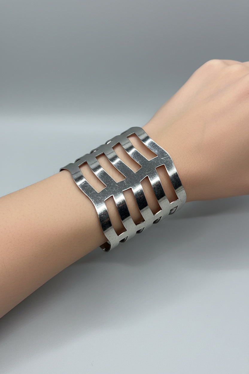 Bracelet - Silver Tone - Cuff - Geometric Cutout Open Work - Cage Style