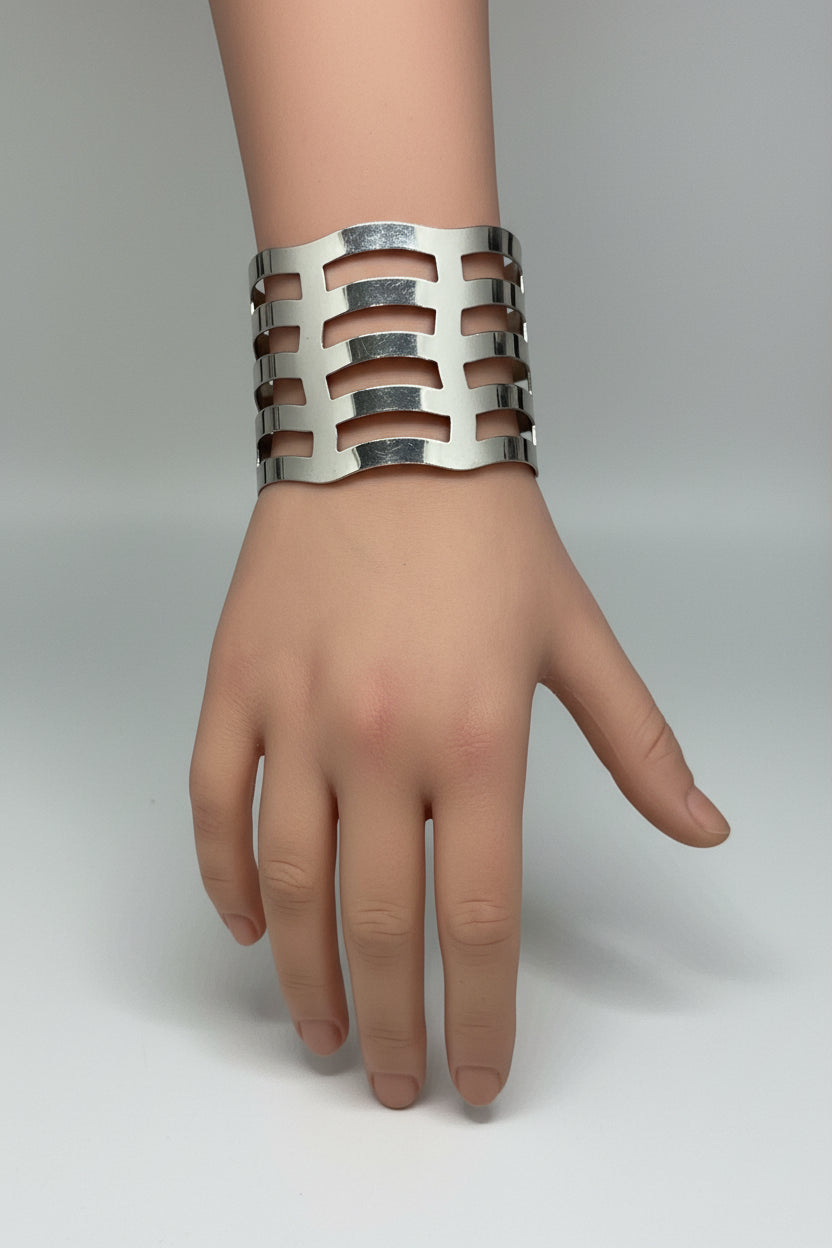 Bracelet - Silver Tone - Cuff - Geometric Cutout Open Work - Cage Style