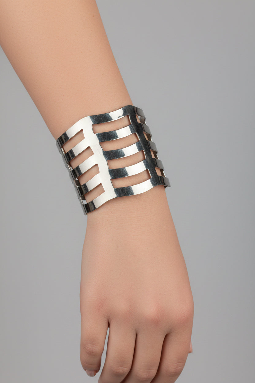Bracelet - Silver Tone - Cuff - Geometric Cutout Open Work - Cage Style
