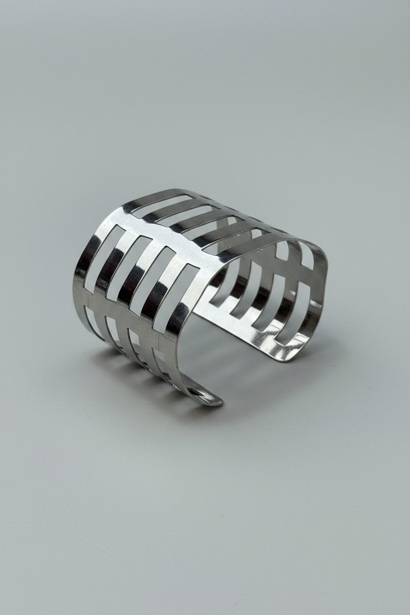Bracelet - Silver Tone - Cuff - Geometric Cutout Open Work - Cage Style