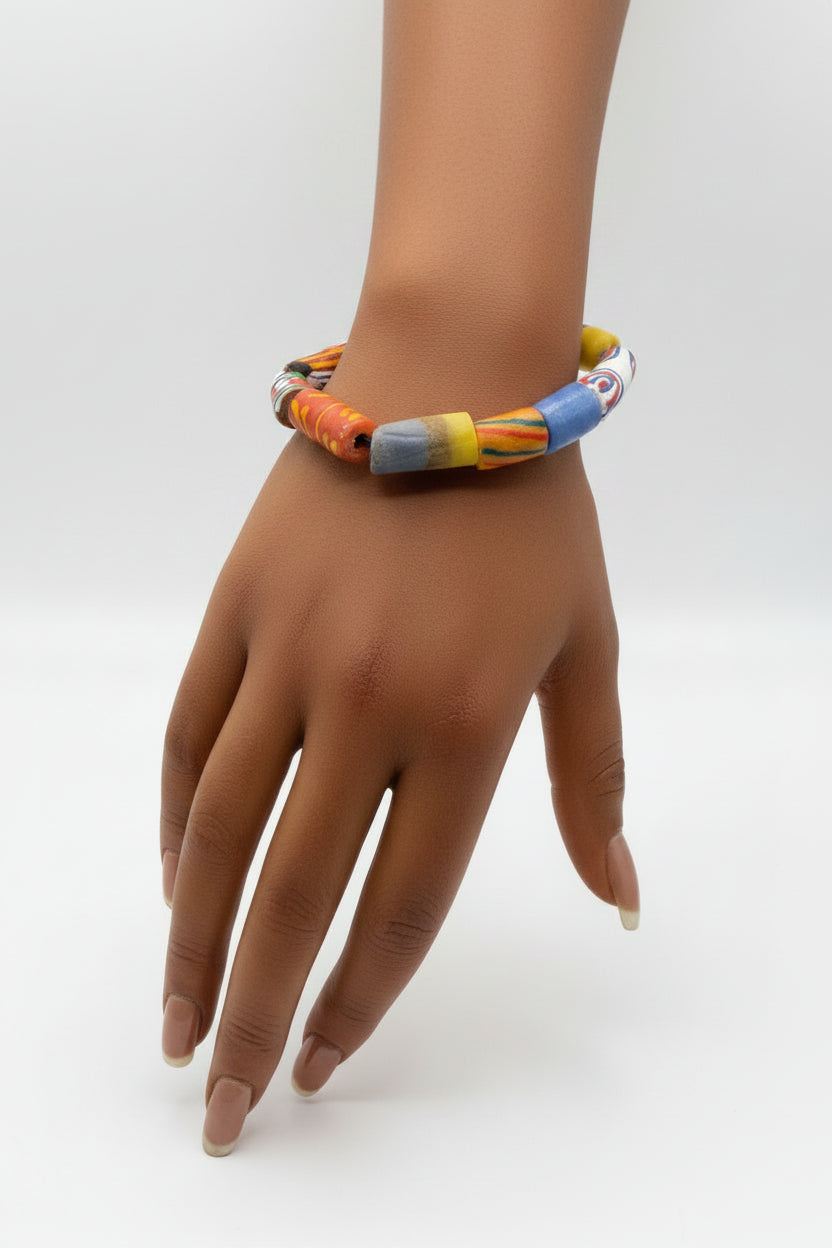 Bracelet - Stretch - Ghanaian - Vibrant Recycled Krobo Glass Beads - 7.5"