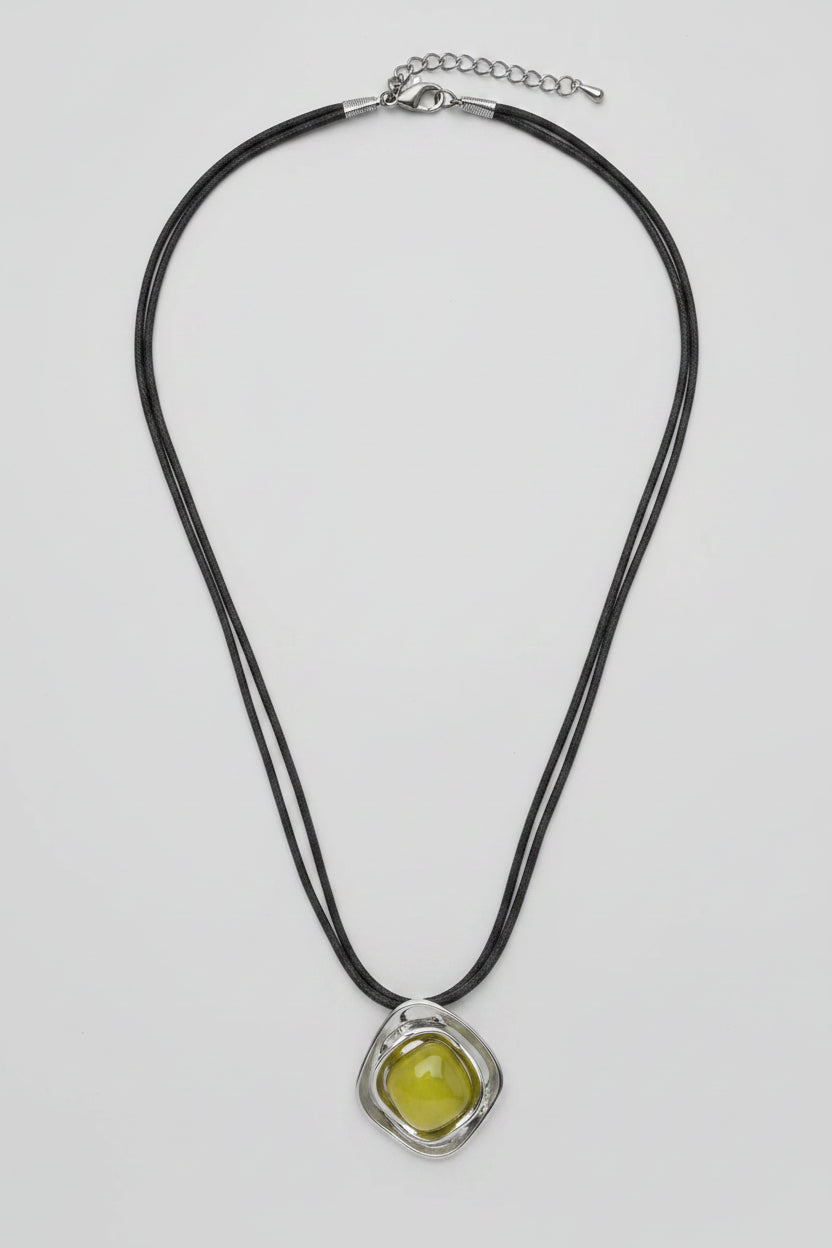 Necklace - Citrine Crystal - Place on a Double Geometric Metal Scooped Square