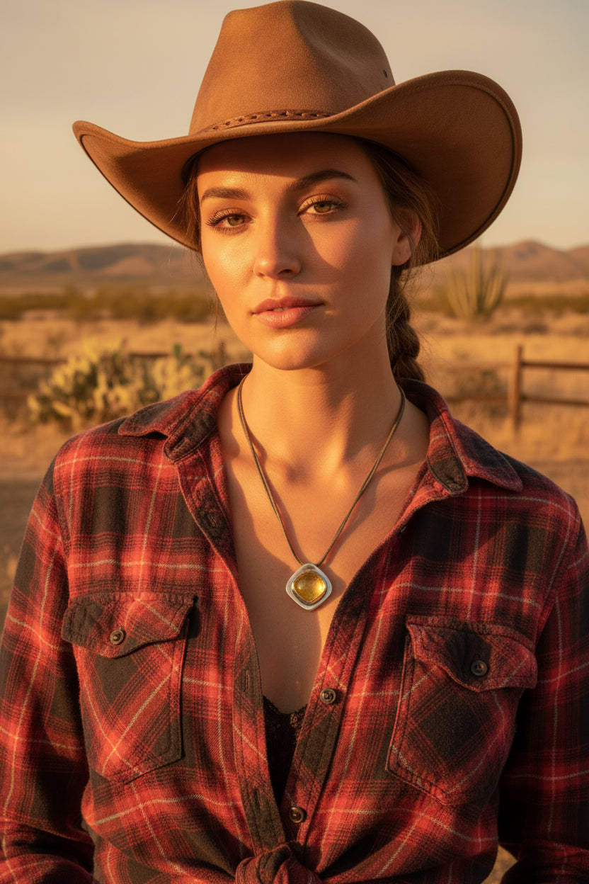 Necklace - Citrine Crystal - Place on a Double Geometric Metal Scooped Square