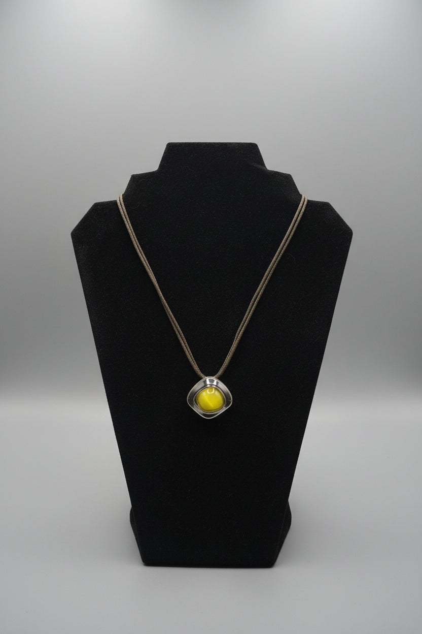 Necklace - Citrine Crystal - Place on a Double Geometric Metal Scooped Square