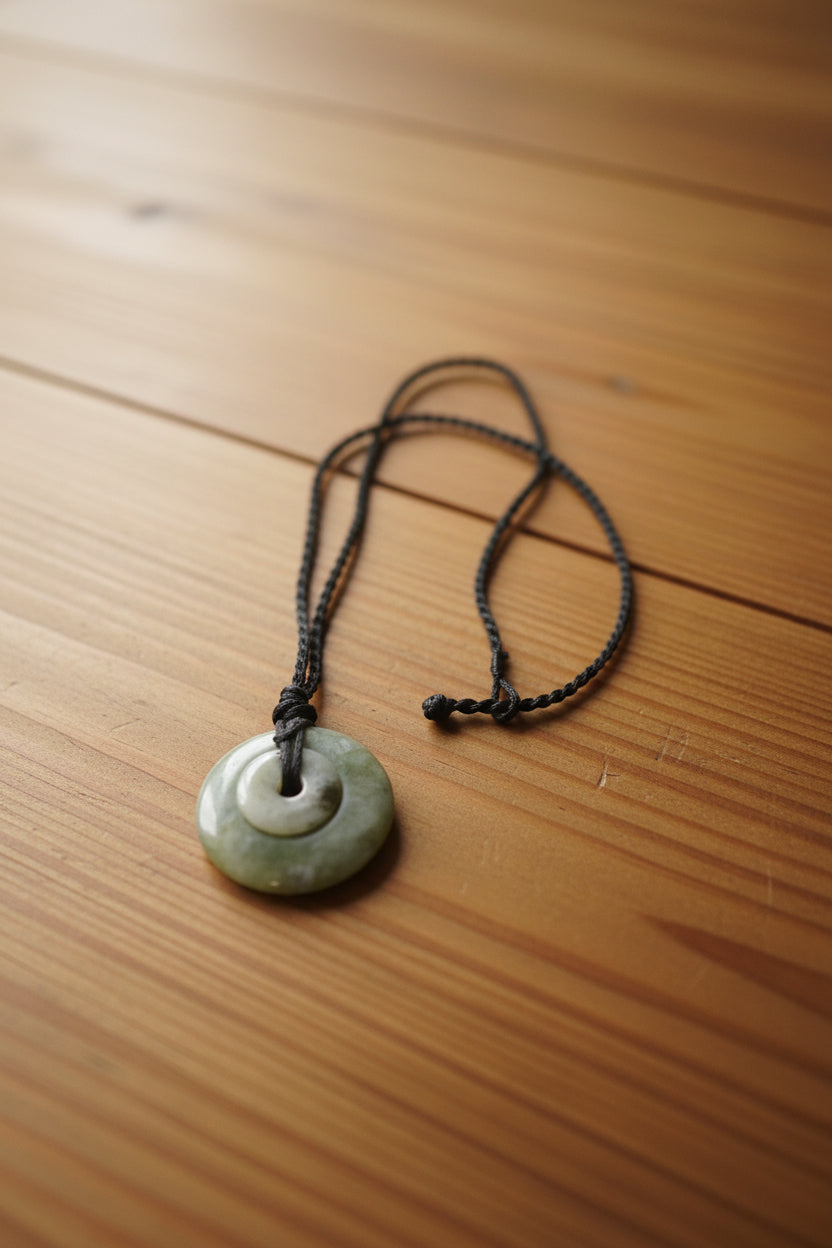 Necklace - Natural Green Jade - Pendant - Ping An Kou Cord